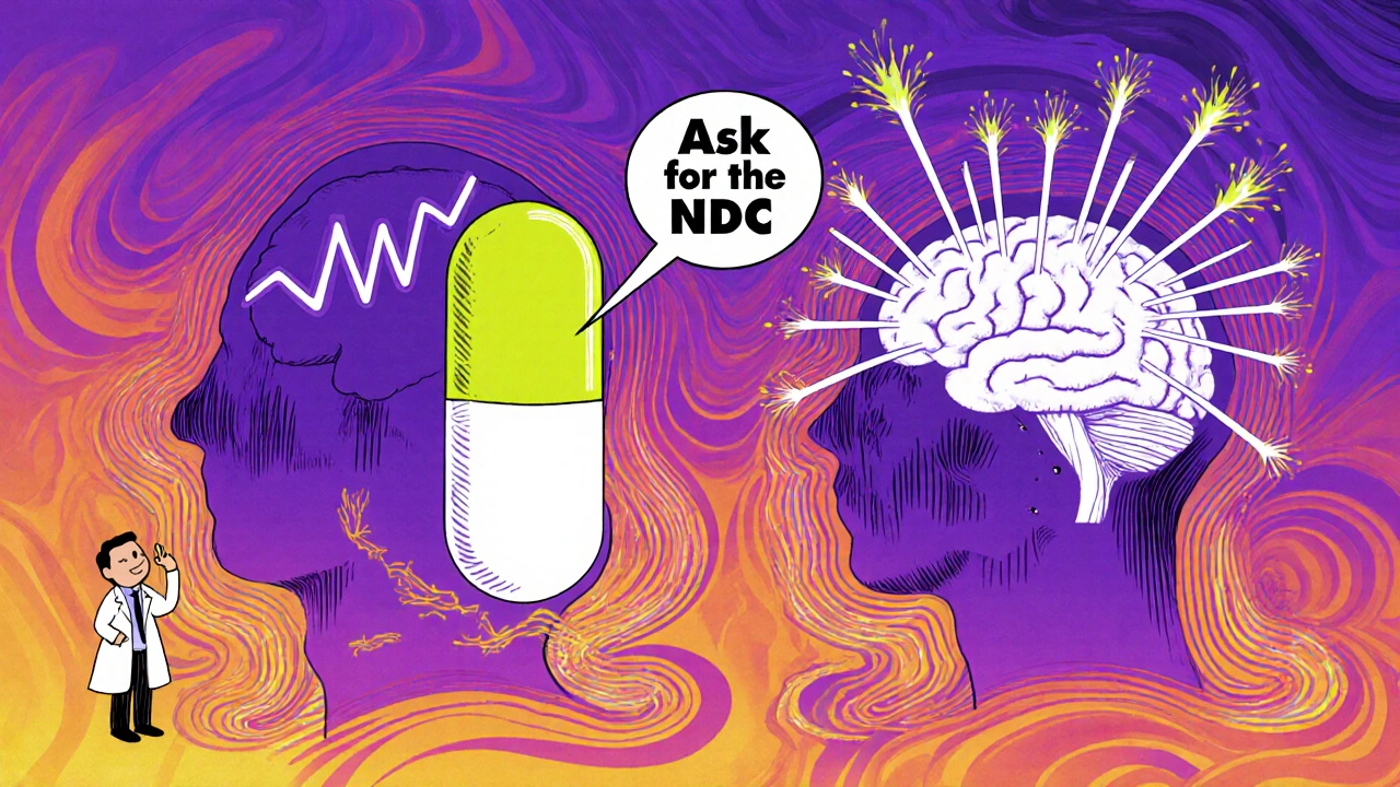 A brain under stable medication versus a chaotic one, illustrated with psychedelic patterns and contrasting energy lines.