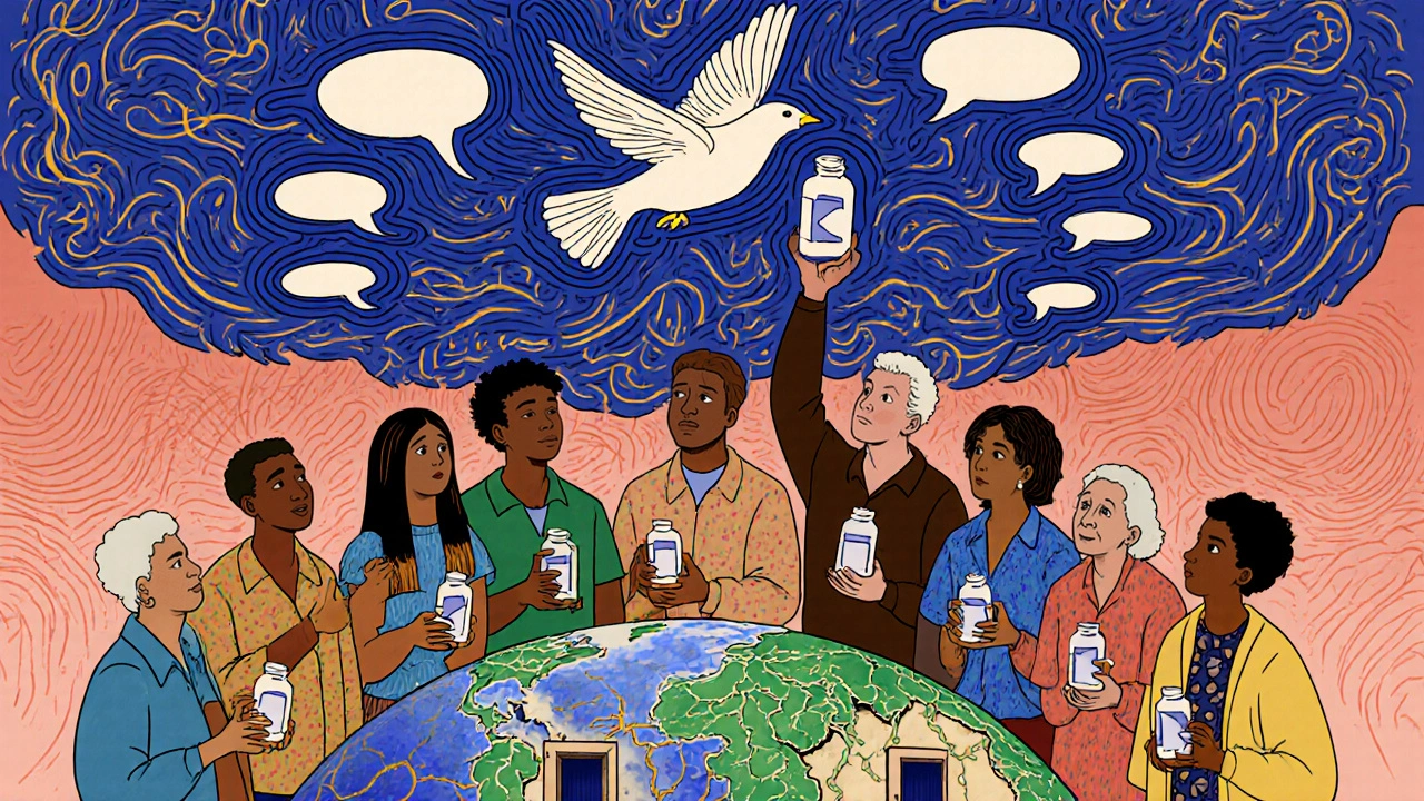 A circle of diverse people releasing pill bottles as birds into a sky of connected phone lines and healing vines.