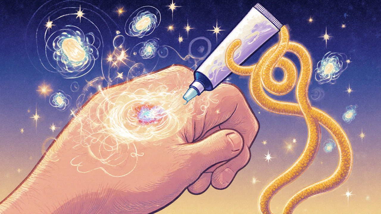 A hand applying antibiotic ointment to a scrape, surrounded by glowing protective spirals.