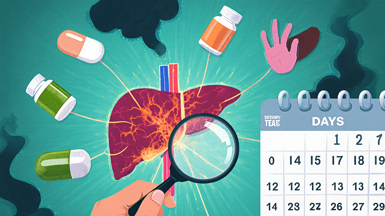 A medical chart with floating drugs connected to an inflamed liver, symptoms rising as smoke.