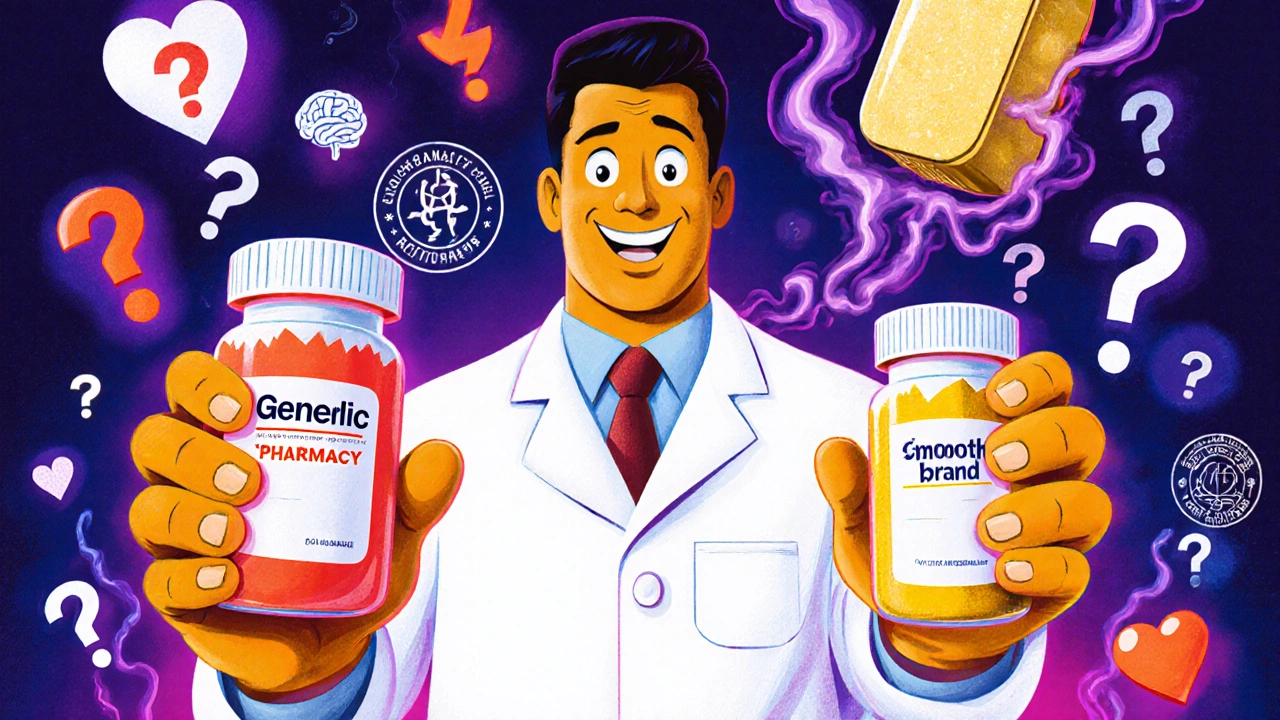 A patient choosing between two pills, with a colorful pharmacist offering options and medical symbols floating nearby.