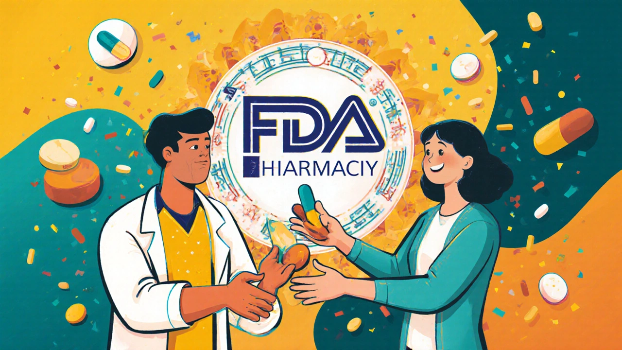 A pharmacist hands a differently shaped pill to a patient, with FDA symbols and inactive ingredients swirling nearby.