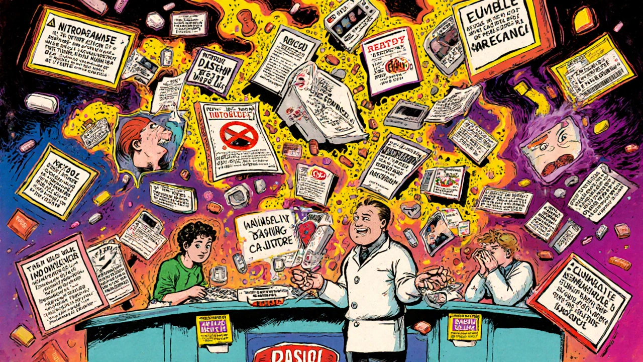 A pharmacy counter with floating recall notices and heart monitors in a vibrant psychedelic storm.