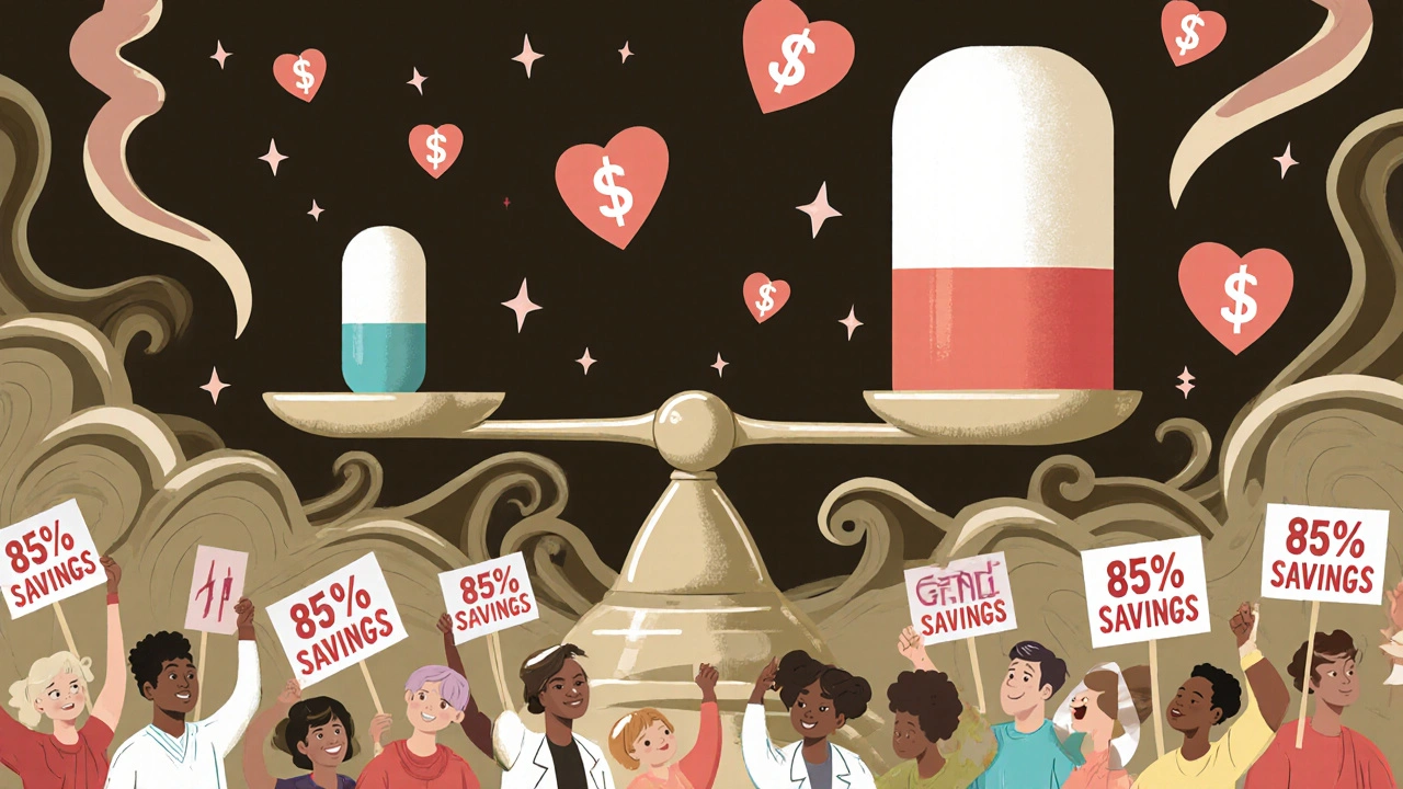 A scale balances generic and brand pills equally, surrounded by dollar signs turning into heartbeats and smiling patients.