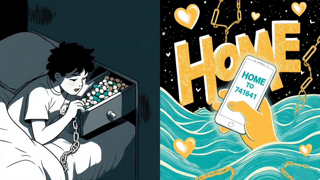 A teen hiding pills while a glowing hand texts for help, with calming waves and floating symbols of support.