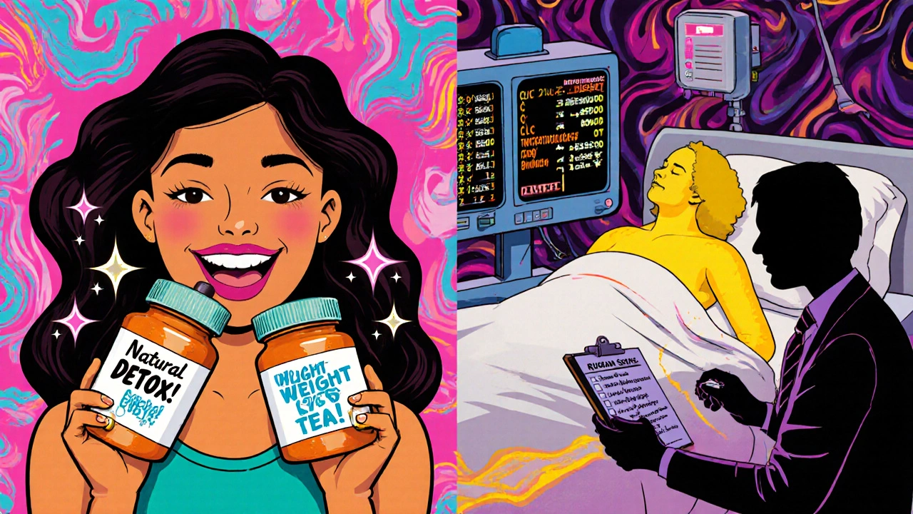 A woman taking supplements transforms into a jaundiced patient in a hospital, split in psychedelic style.