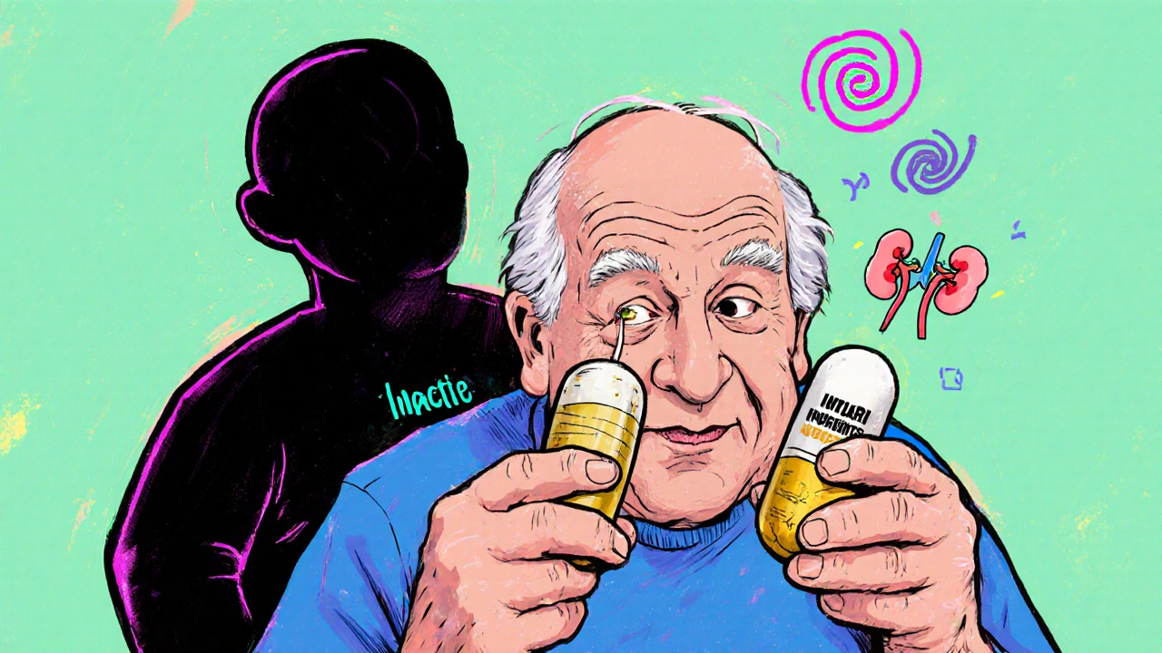 An elderly person holding two different pills, with dizziness and kidney icons floating nearby.