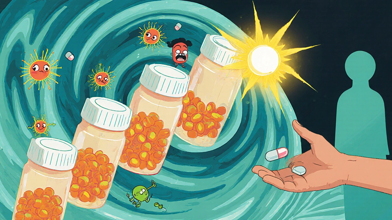 Antibiotic pill timeline spiraling upward as bacteria flee, with rheumatic fever fading in background.