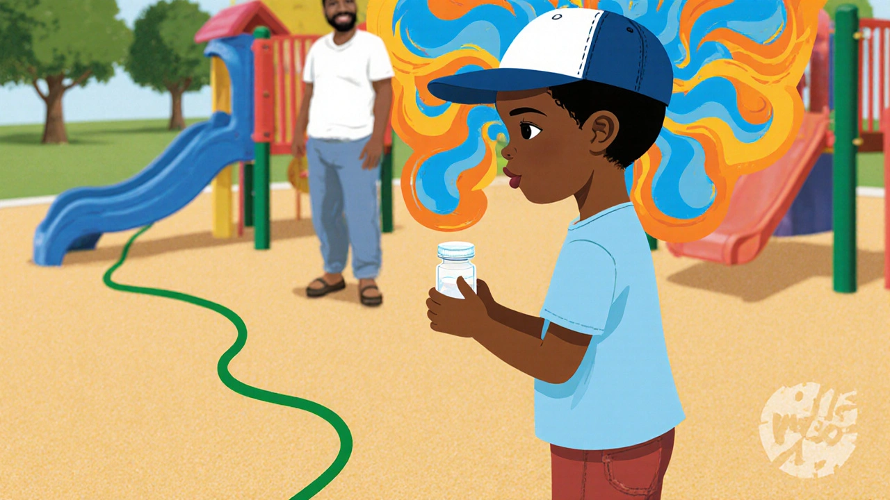 Child on playground with empty pill bottle, swirling colors showing ADHD symptom rebound during summer break.