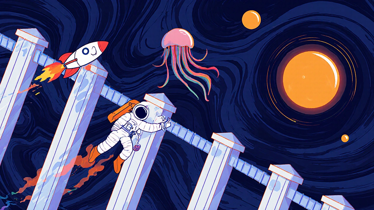 Cosmic journey through blood-brain barrier with racetam symbols in swirling psychedelic art