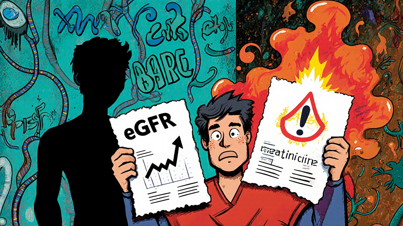 Doctor&#039;s office scene with two lab tests glowing, while outdated creatinine test fades away.