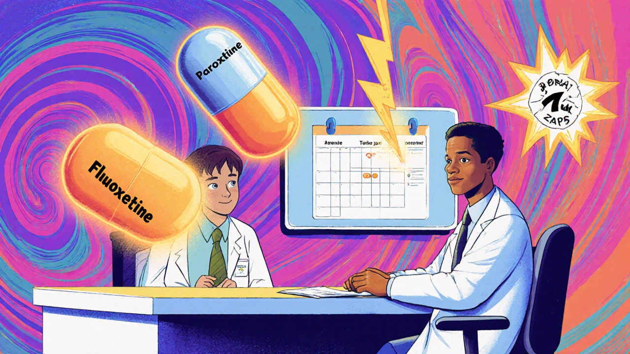 Doctor and patient at clinic with floating pills labeled by half-life, one glowing safely, another cracking with warning signs.
