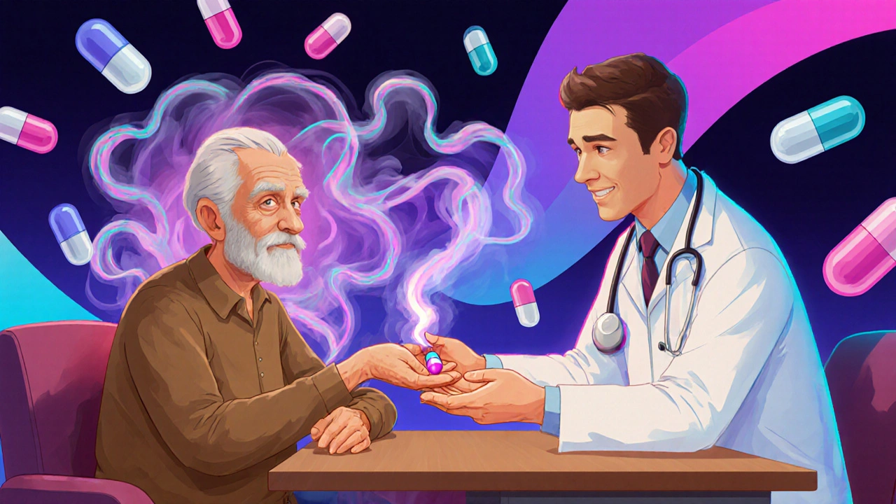 Doctor handing a single pill to senior, with floating pills dissolving into smoke in vibrant abstract background.