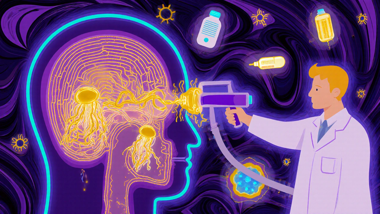 ENT specialist viewing sinuses with glowing polyps and biologic treatments as golden threads.