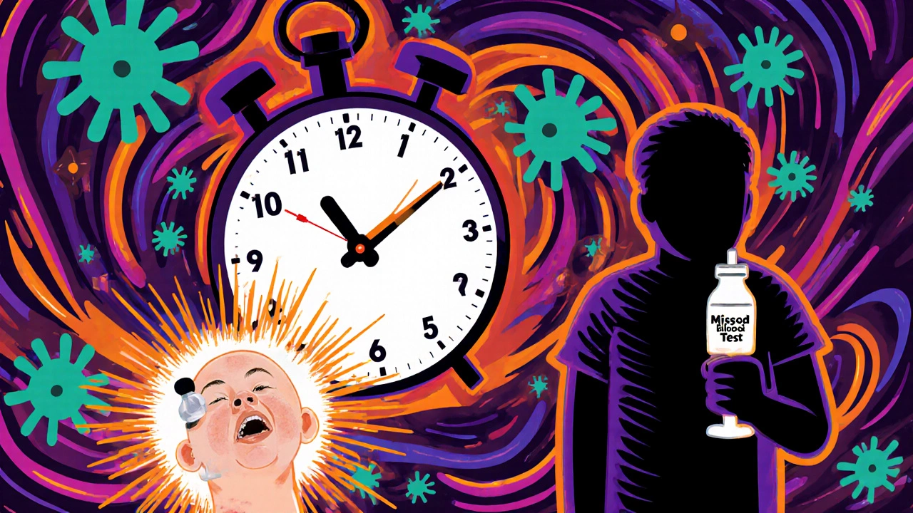 Feverish patient facing a countdown clock, with a glowing point-of-care device and shadowy figure representing missed blood tests.