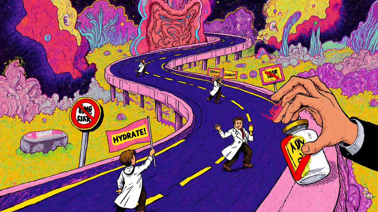 Giant gut highway with stool figures, stop signs, and a child reaching for banned medicine.