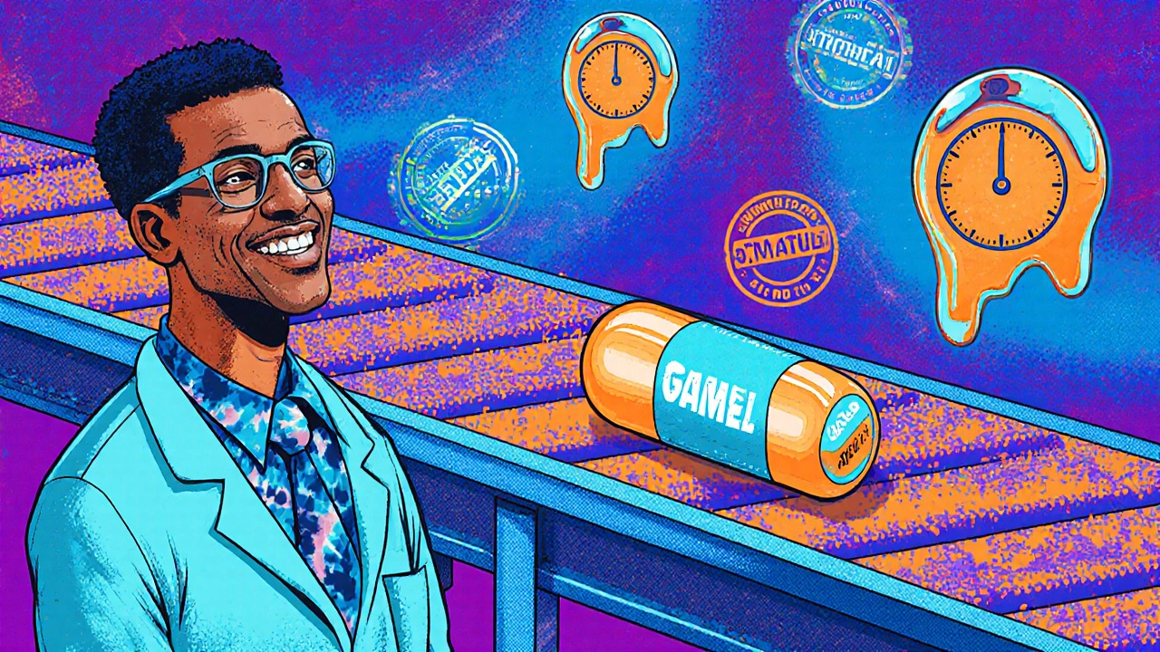 Identical pills on the same conveyor belt, one with brand label, one with generic, in vibrant 1960s-style psychedelic lab scene.