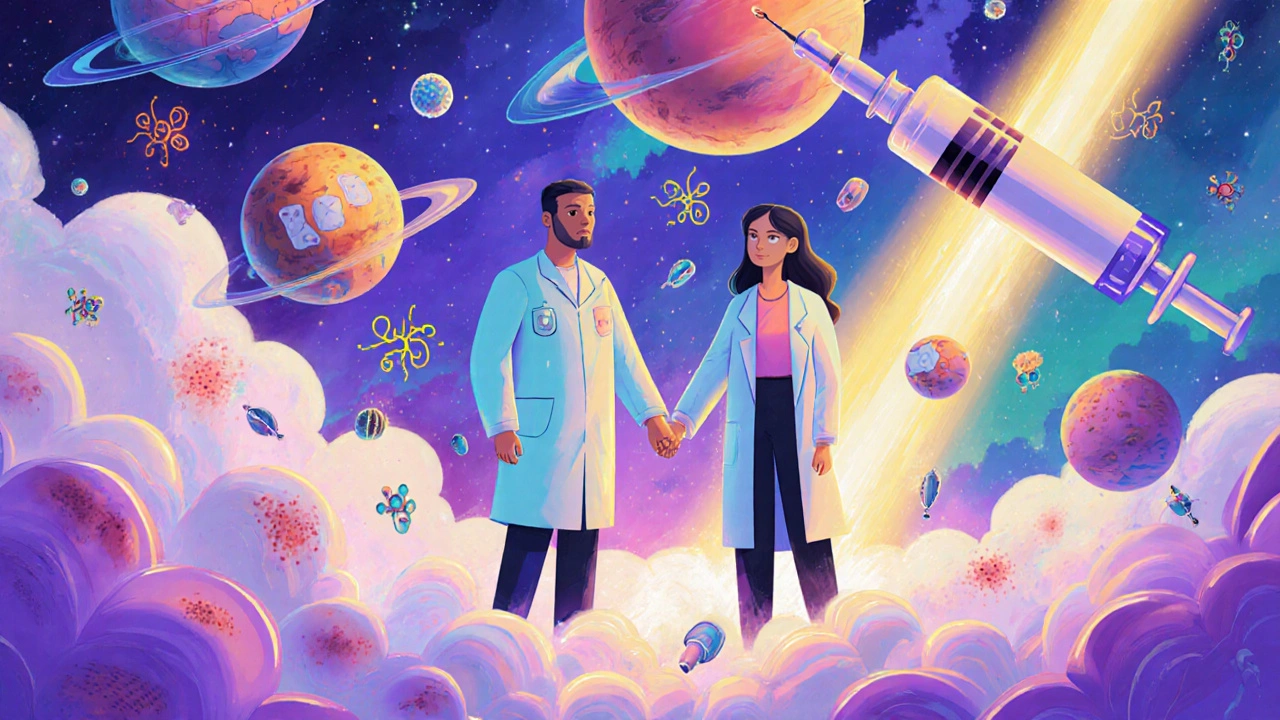 Medical team and patient surrounded by floating antibodies and insulin pens in surreal clinic.