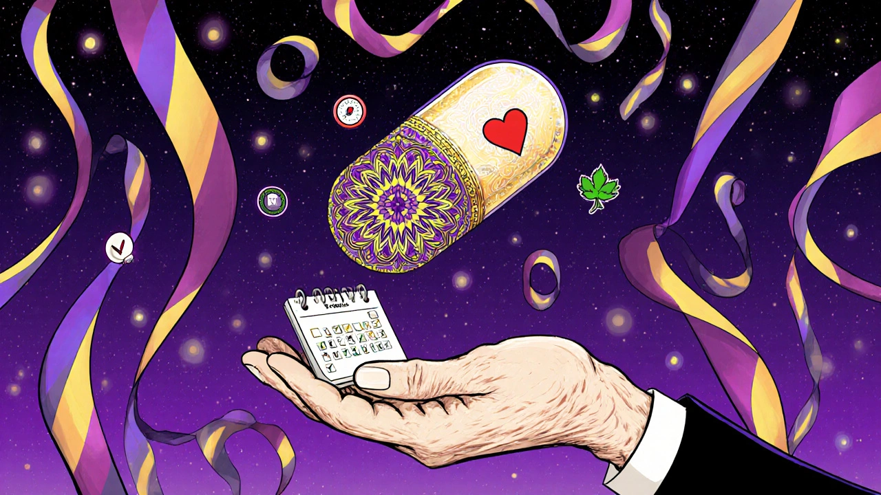 Ornate polypill with medical icons inside, floating above an aging hand, surrounded by colorful psychedelic ribbons.