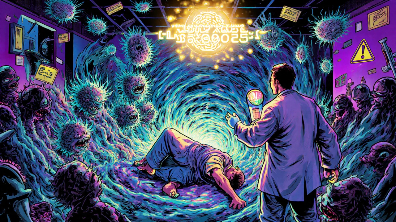 Patient collapsing as glowing bacteria attack, doctor administers treatment, and a genetic code hovers as a protective shield.