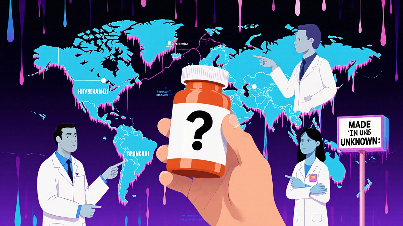 Patient holding unlabeled pill, clinicians pointing to crumbling analog pill and global supply chain map.
