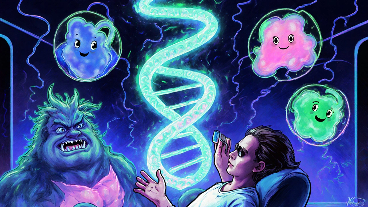 Patient receiving glowing DNA injection that silences a PCSK9 demon in a futuristic clinic