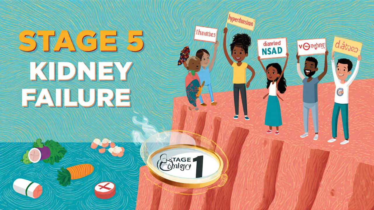 People at a cliff edge, one stepping toward a safe Stage 1 zone with health symbols.