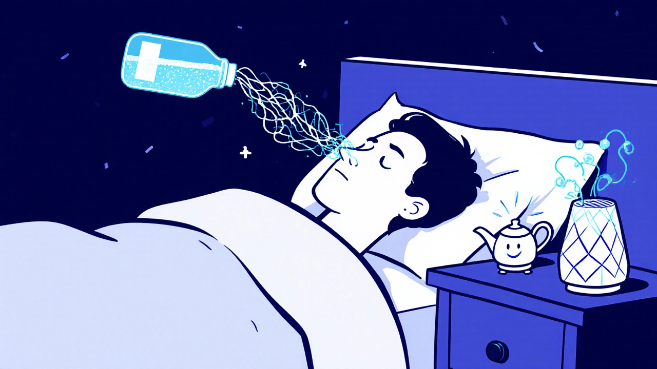 Person being cleansed by saline rinse with glowing particles and HEPA purifier nearby.