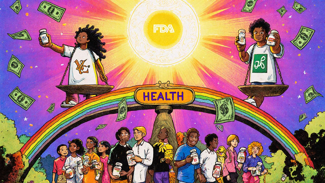 Person on scale with identical pills connected by rainbow bridge, crowd walking with generic bottles