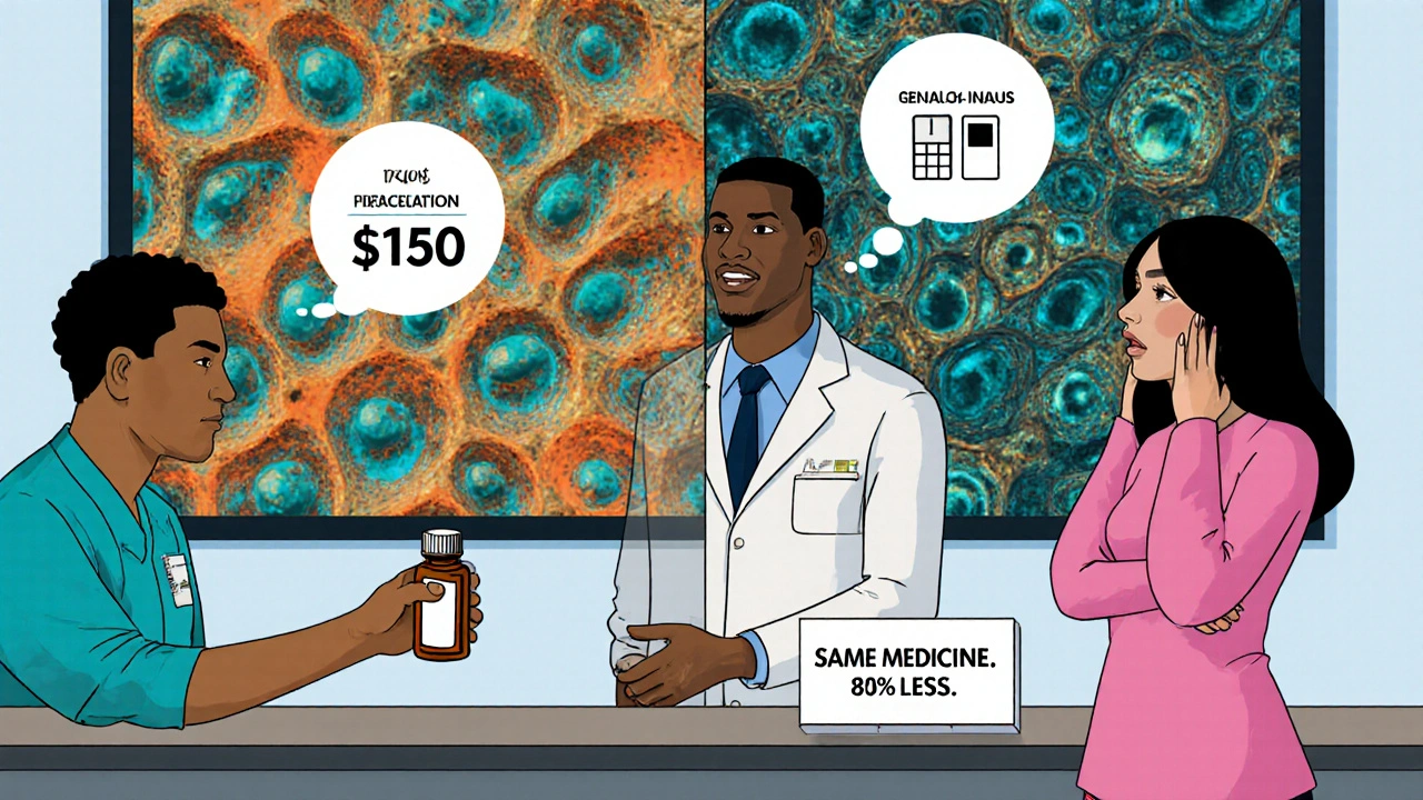 Pharmacist handing generic medication with molecular structures and price comparison in psychedelic style