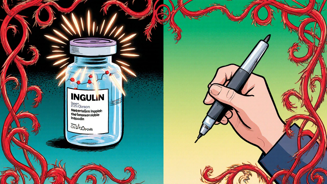 Split illustration showing insulin preservatives reacting versus safe insulin switch.
