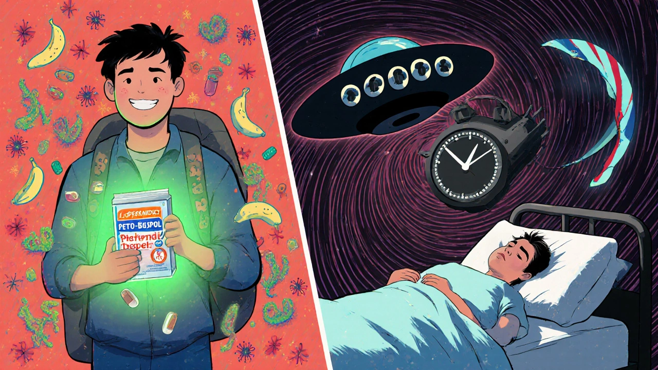 Split illustration: traveler with Pepto-Bismol on one side, person in hospital with dangerous pills on the other.