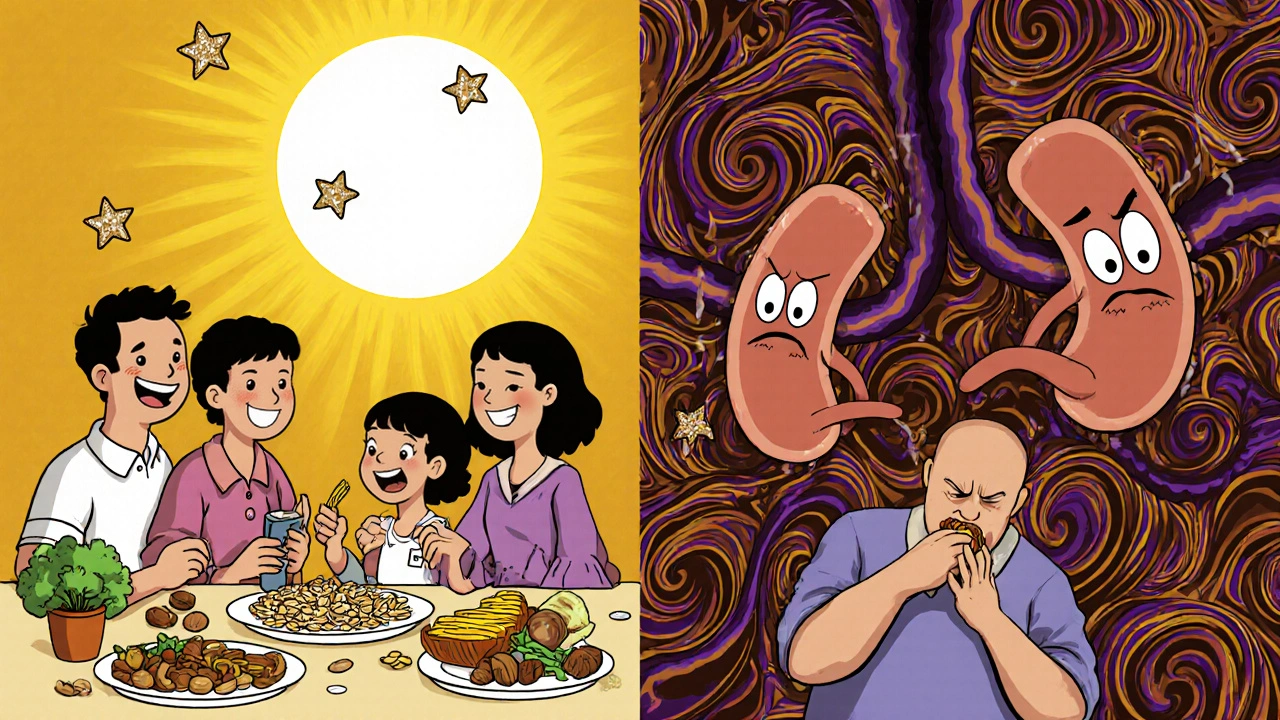 Split scene: healthy meal with glowing nutrients vs. fatty food with angry LDL molecules