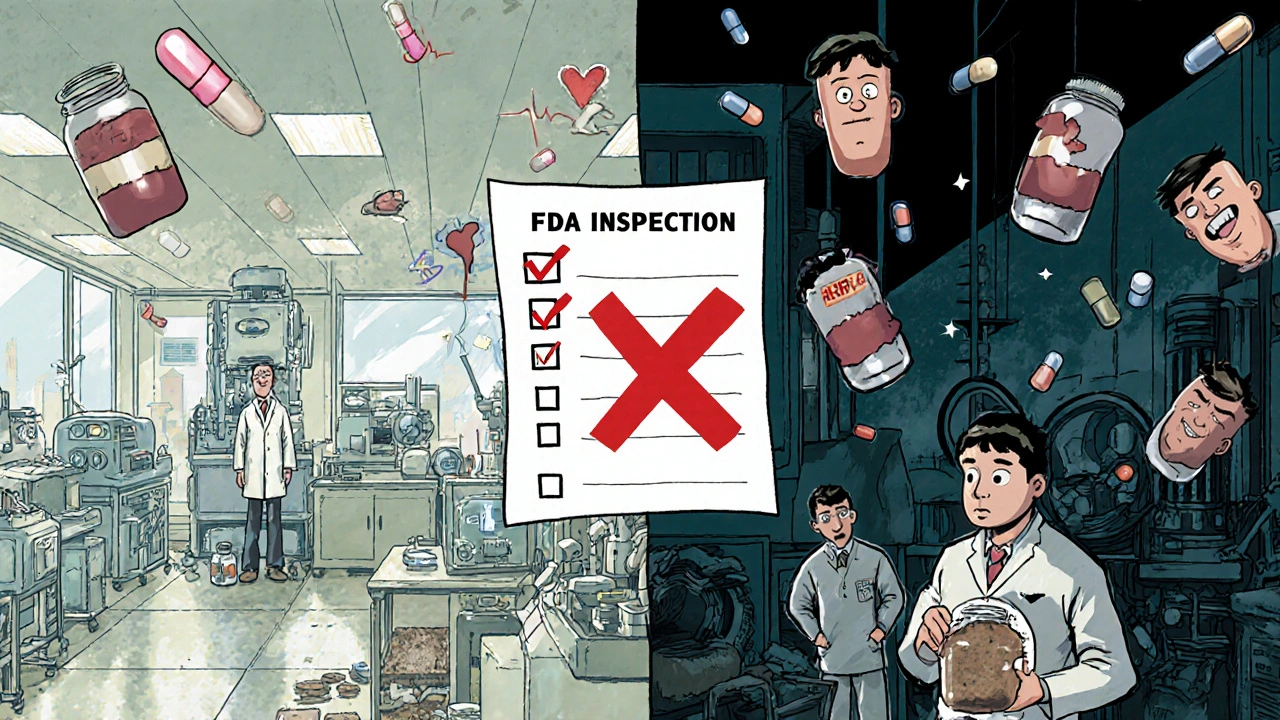 Split scene: modern U.S. lab vs. outdated overseas factory, with FDA inspection checklist showing red X.