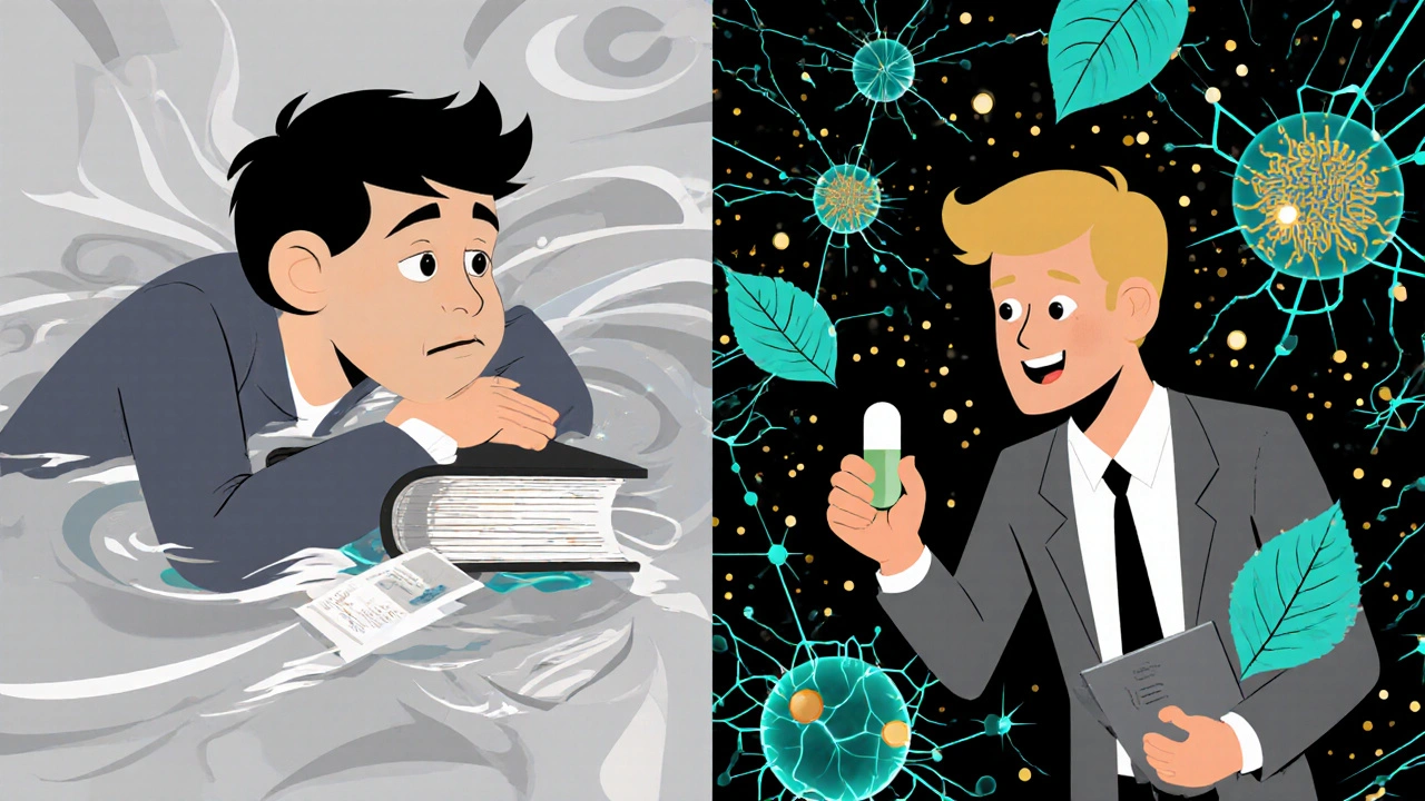 Split scene: tired student vs. energized professional with nootropics in psychedelic style