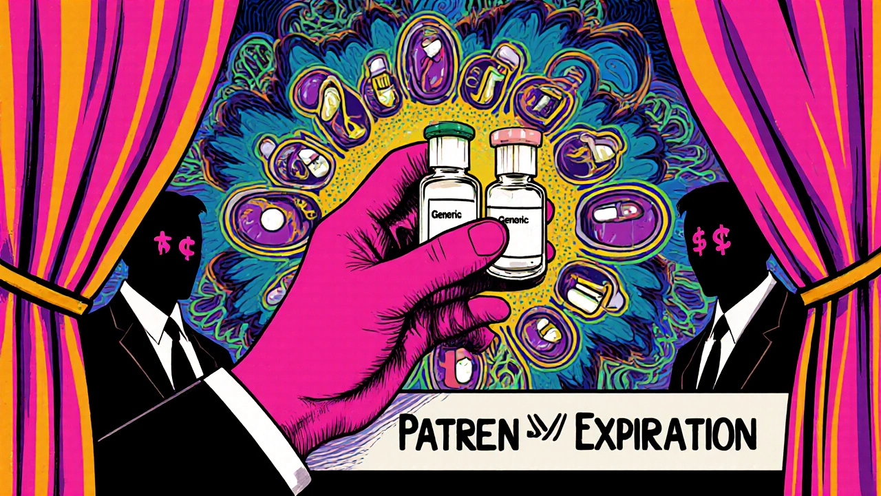 Two identical vials on a pharmacy shelf, one branded, one generic, with shadowy corporate figures behind a patent curtain in psychedelic style.
