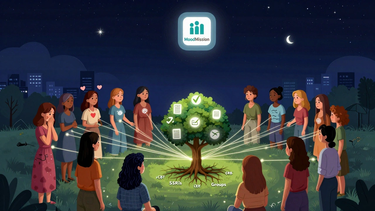 A circle of women connected by healing light, with therapy symbols and a digital app glowing above them.