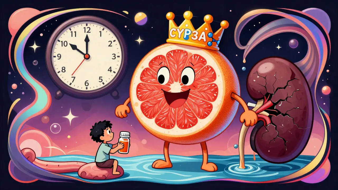 A crowned grapefruit looms over a patient, its juice damaging a kidney over three days.