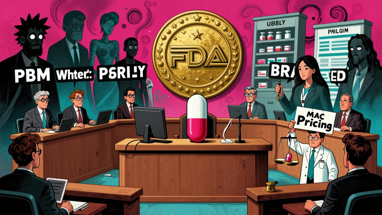 A generic pill on trial before giant corporate figures in a surreal, swirling courtroom scene.