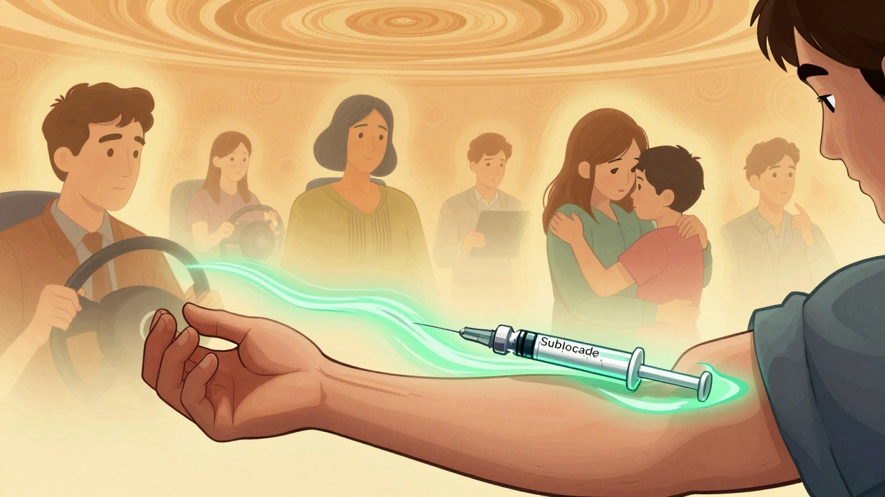 A monthly buprenorphine injection releasing calming light through a person’s body, symbolizing steady recovery.