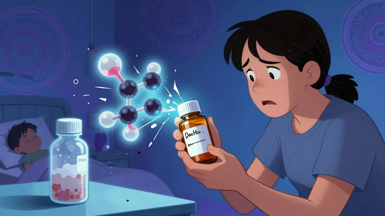 A parent holding a refrigerated antibiotic bottle while a broken molecule fractures nearby.