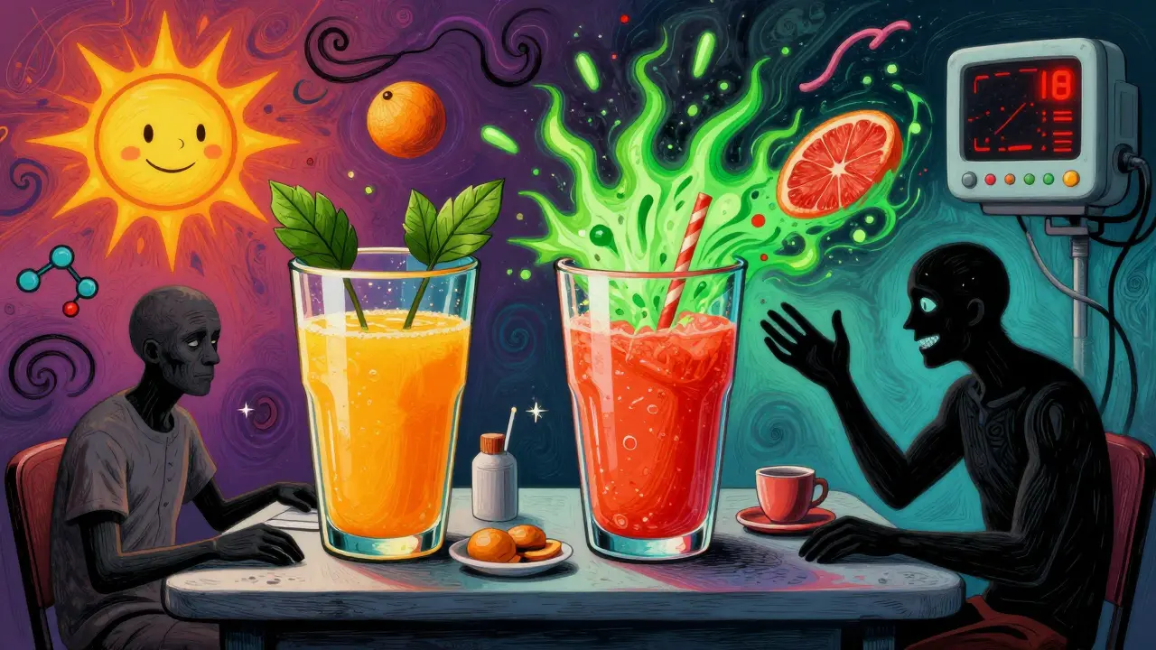 A patient facing two breakfast choices: safe orange juice vs. exploding grapefruit danger.