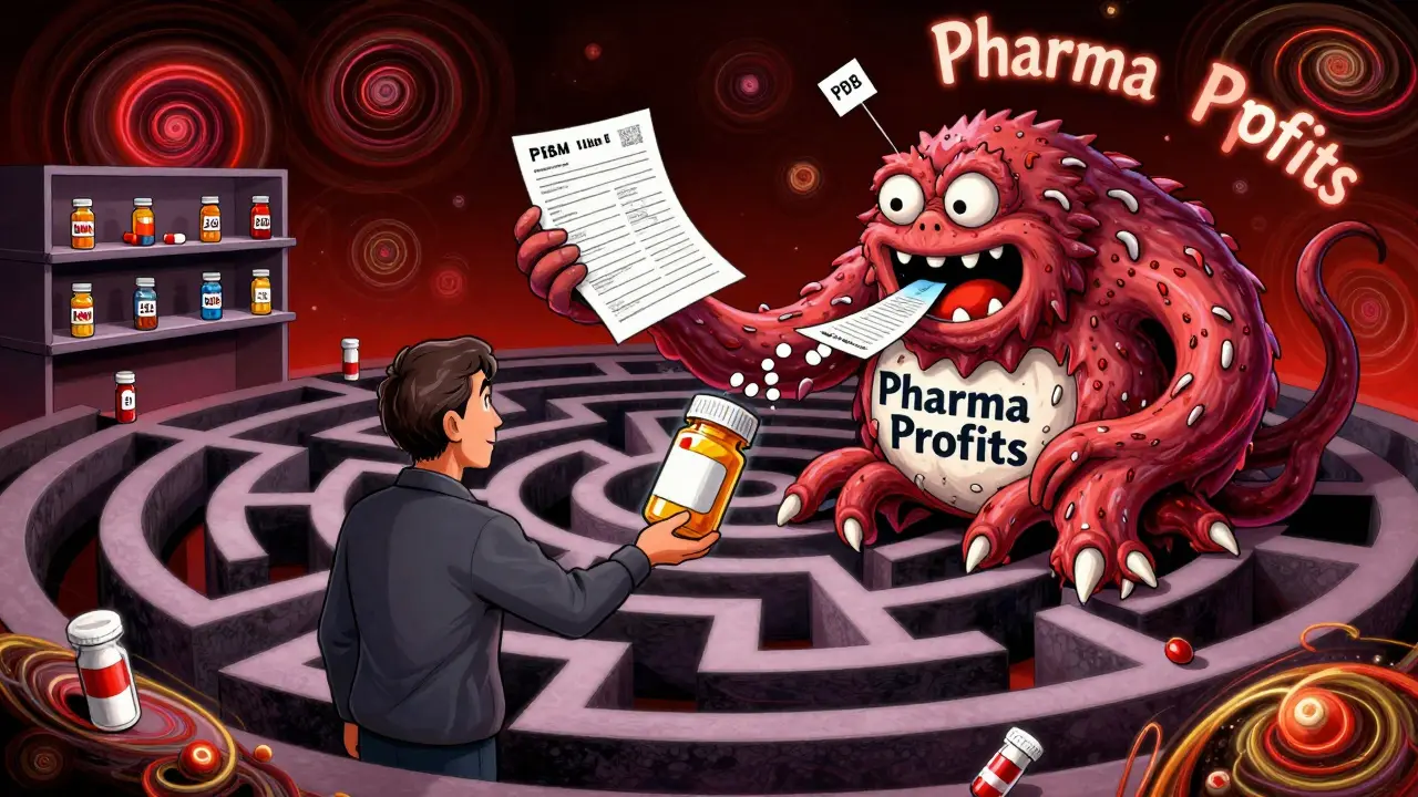 A patient handing a pill to a PBM tentacle monster, while the same drug is cheap in other countries, all rendered in swirling psychedelic patterns.