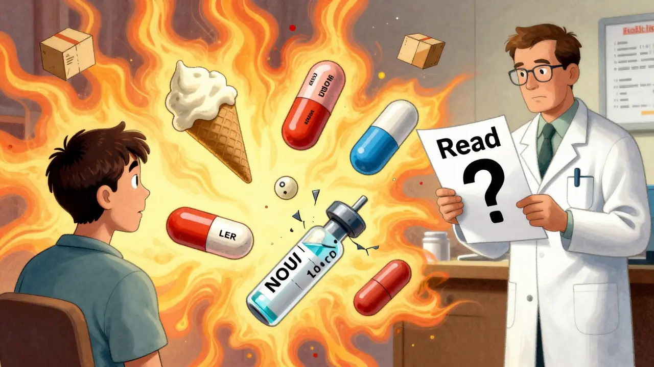 A patient is surrounded by mismatched generic pills, one melting, with a pharmacist holding a question-mark label.