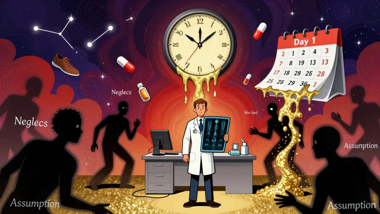 A patient standing strong in a cosmic doctor's office, battling neglect with a bone scan shield and floating prevention symbols.