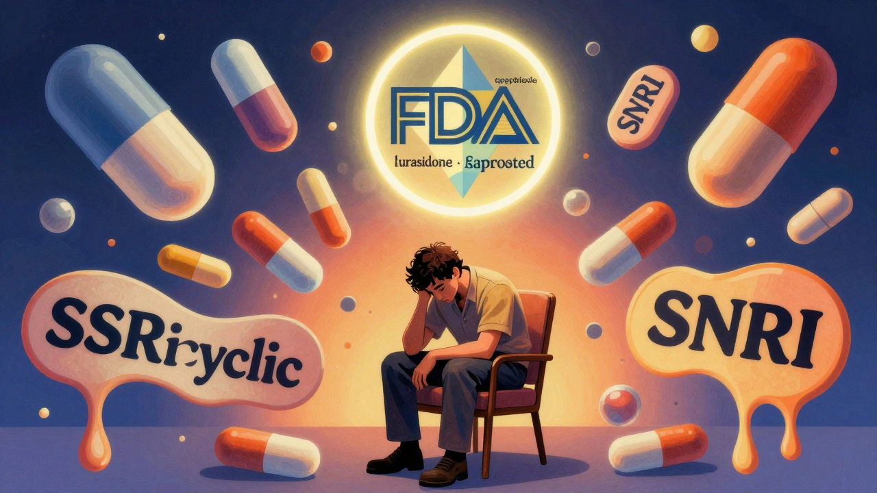 A patient surrounded by chaotic antidepressant pills, with FDA-approved mood stabilizers glowing above in calm geometric forms.