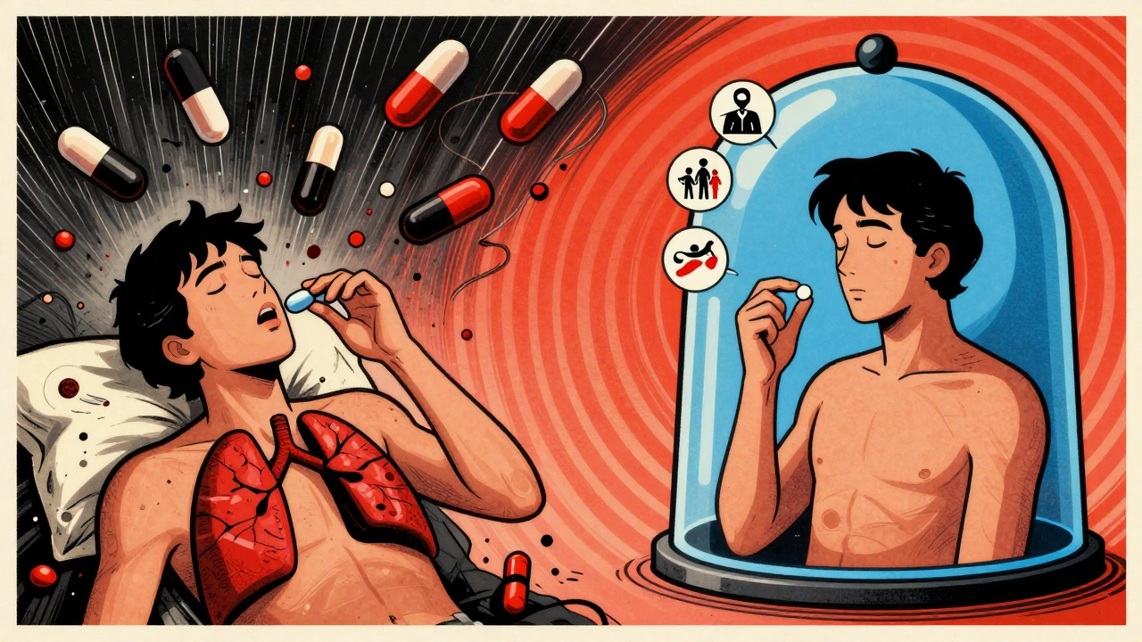 A person safely on buprenorphine shielded by a blue dome, contrasted with a chaotic opioid overdose scene.