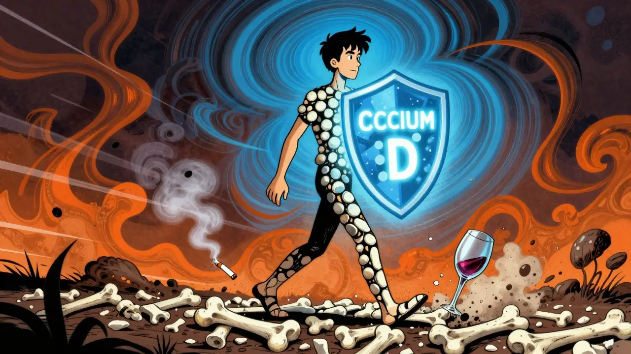A person walking on a bone-path, with smoking and alcohol symbols crumbling, protected by glowing calcium and vitamin D light.