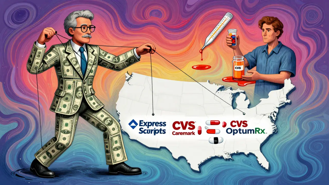 A puppeteer in a dollar-bill suit controls mail-order pharmacies as temperature gauges melt behind them.