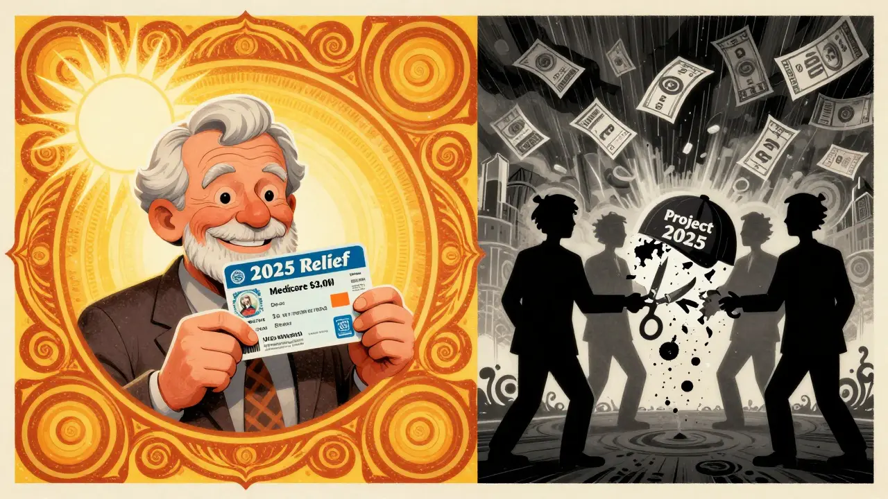 A senior smiles under a ,000 cap sun, while shadowy figures tear it apart, with rising price tags looming in a psychedelic storm.